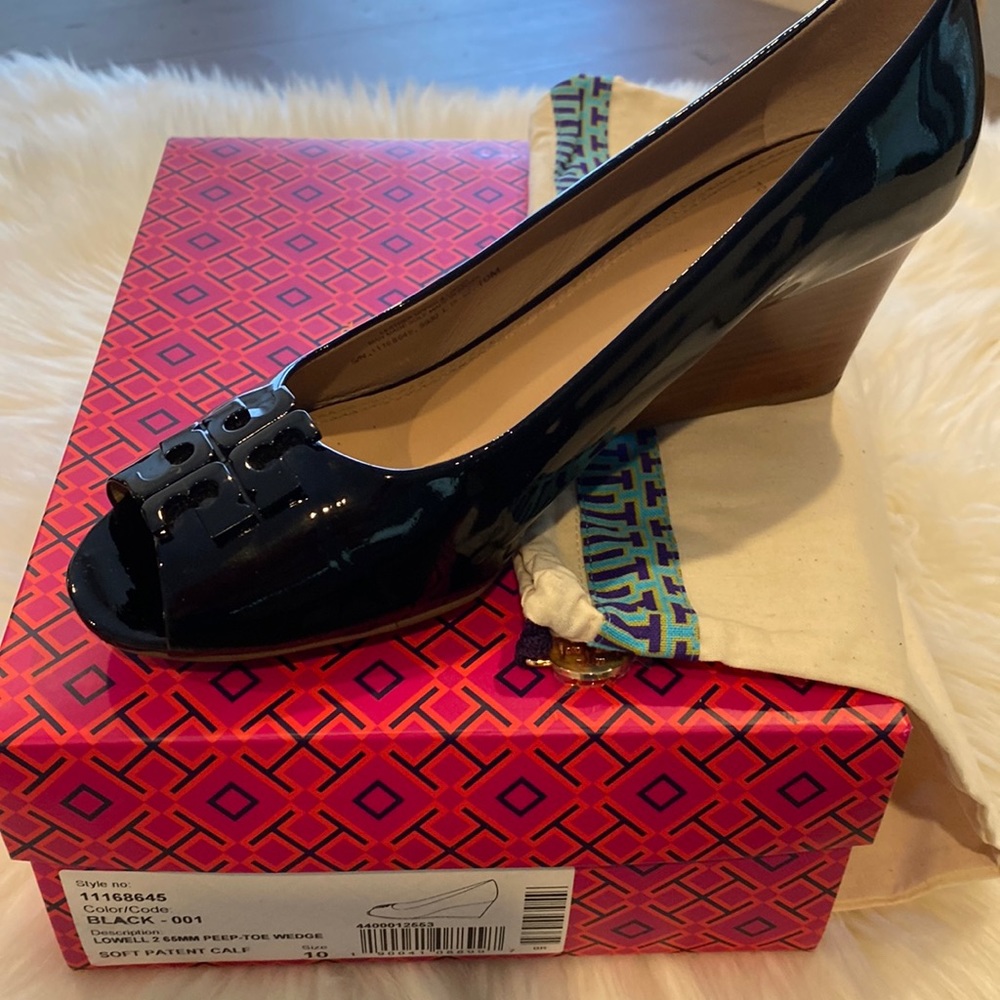 Tory Burch Black Patent Lowell Peep Toe Wedge Size 10. Original box & shoe bag.